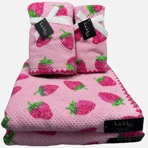 6pc Nicole Miller Pink Strawberry Bath Hand Fingertip Towel Set Textured Summer